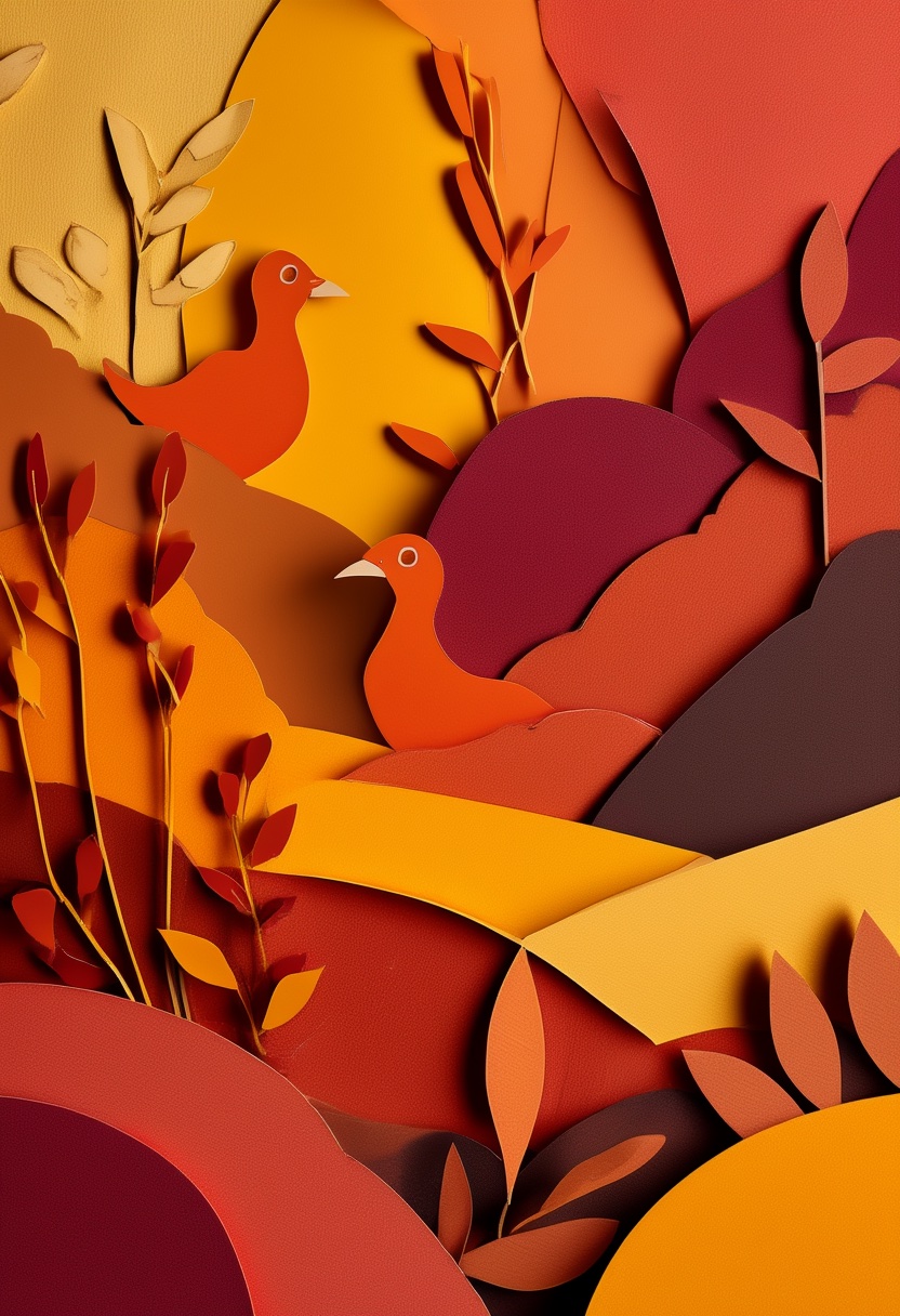 Autumn Birds in Cut-Paper Landscape