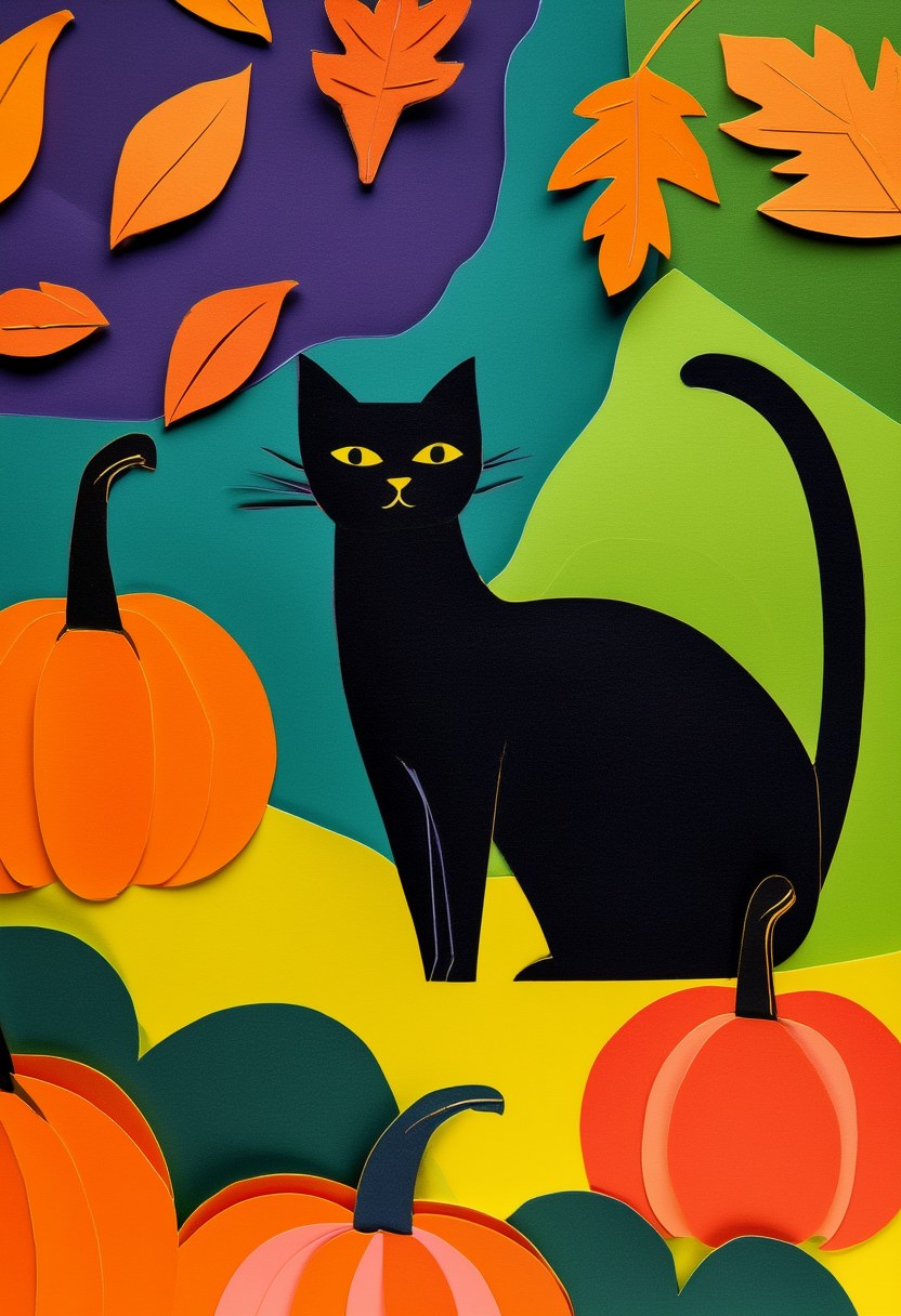 Black Cat Autumn Harvest — Halloween cut-paper-style greeting card