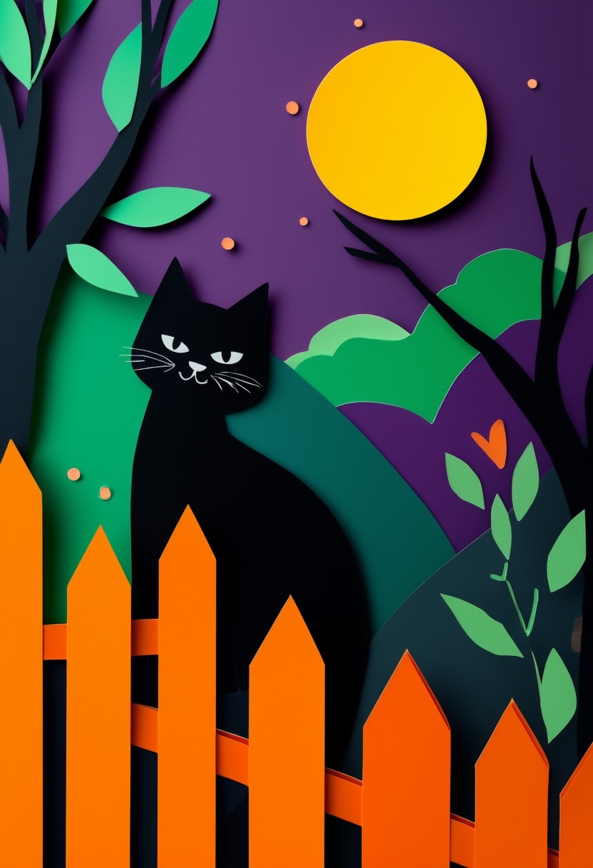 Black Cat Moonlit Fence