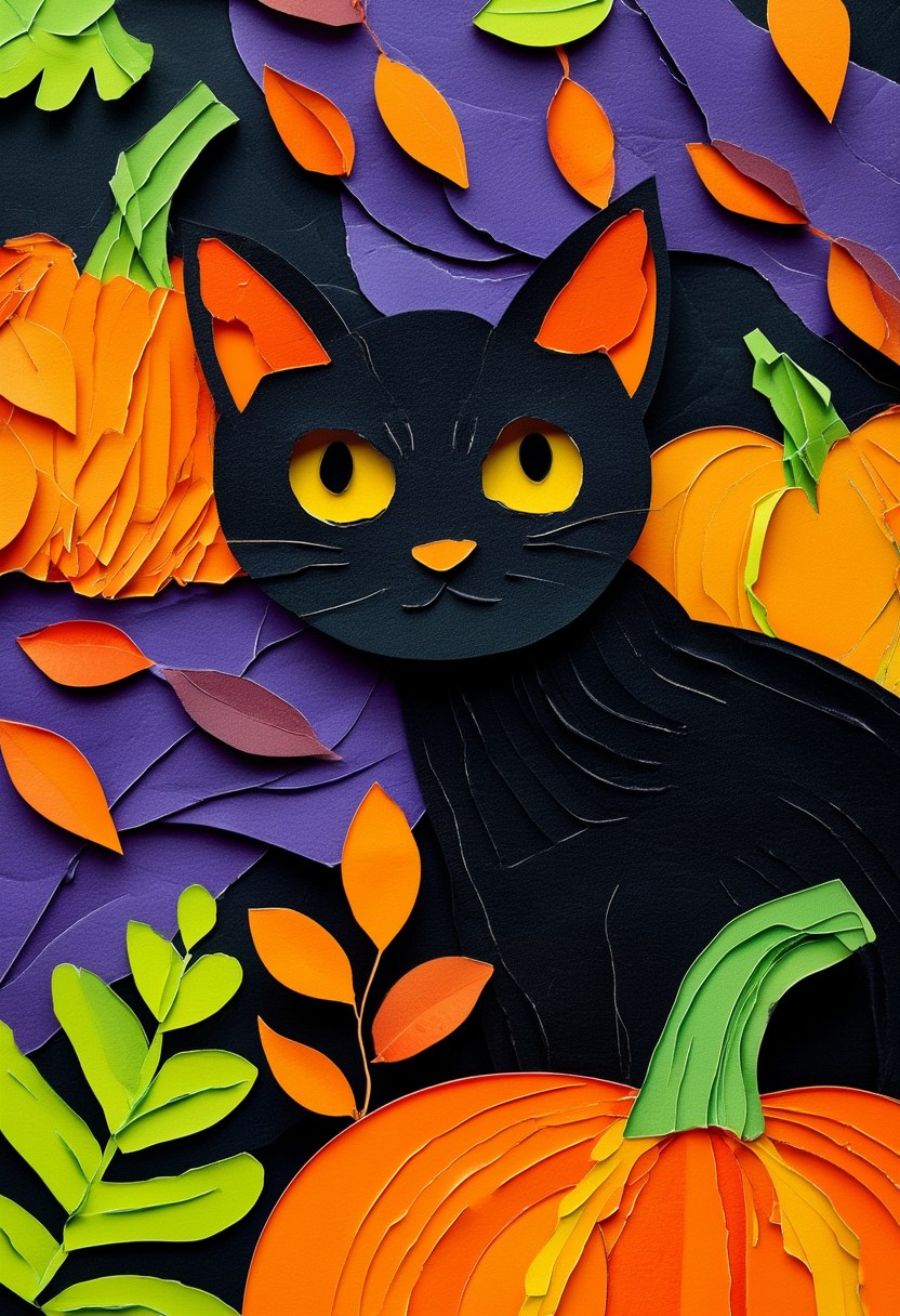 Cat Among Autumn Pumpkins — Halloween cut-paper-style greeting card