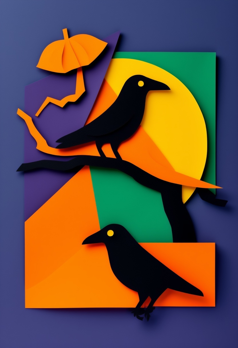 Crow Silhouettes Against Pumpkin Orange Sun