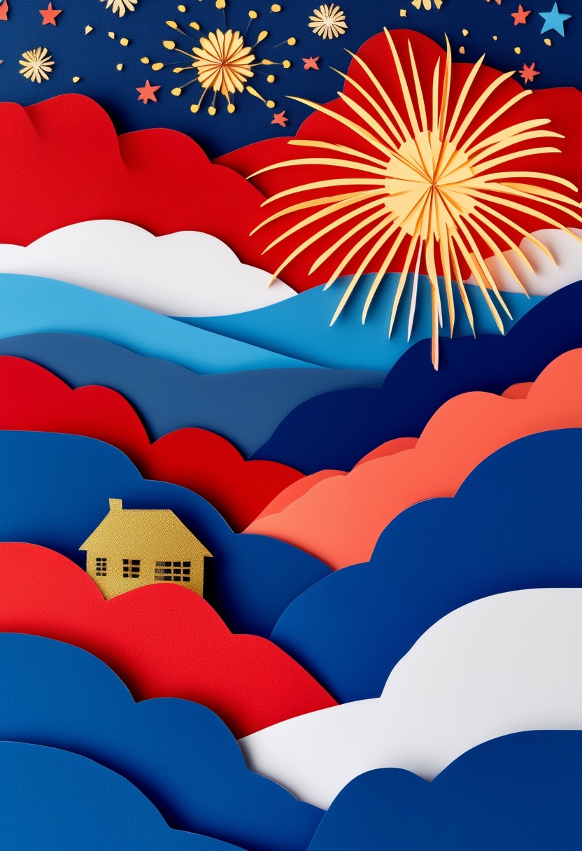Cut-Paper Fireworks Over Blue Hills
