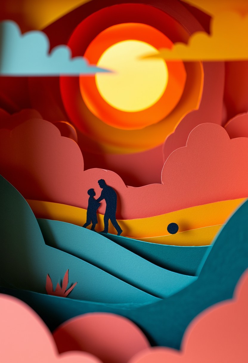 Father Son Sunset Silhouette — Father's Day cut-paper-style greeting card