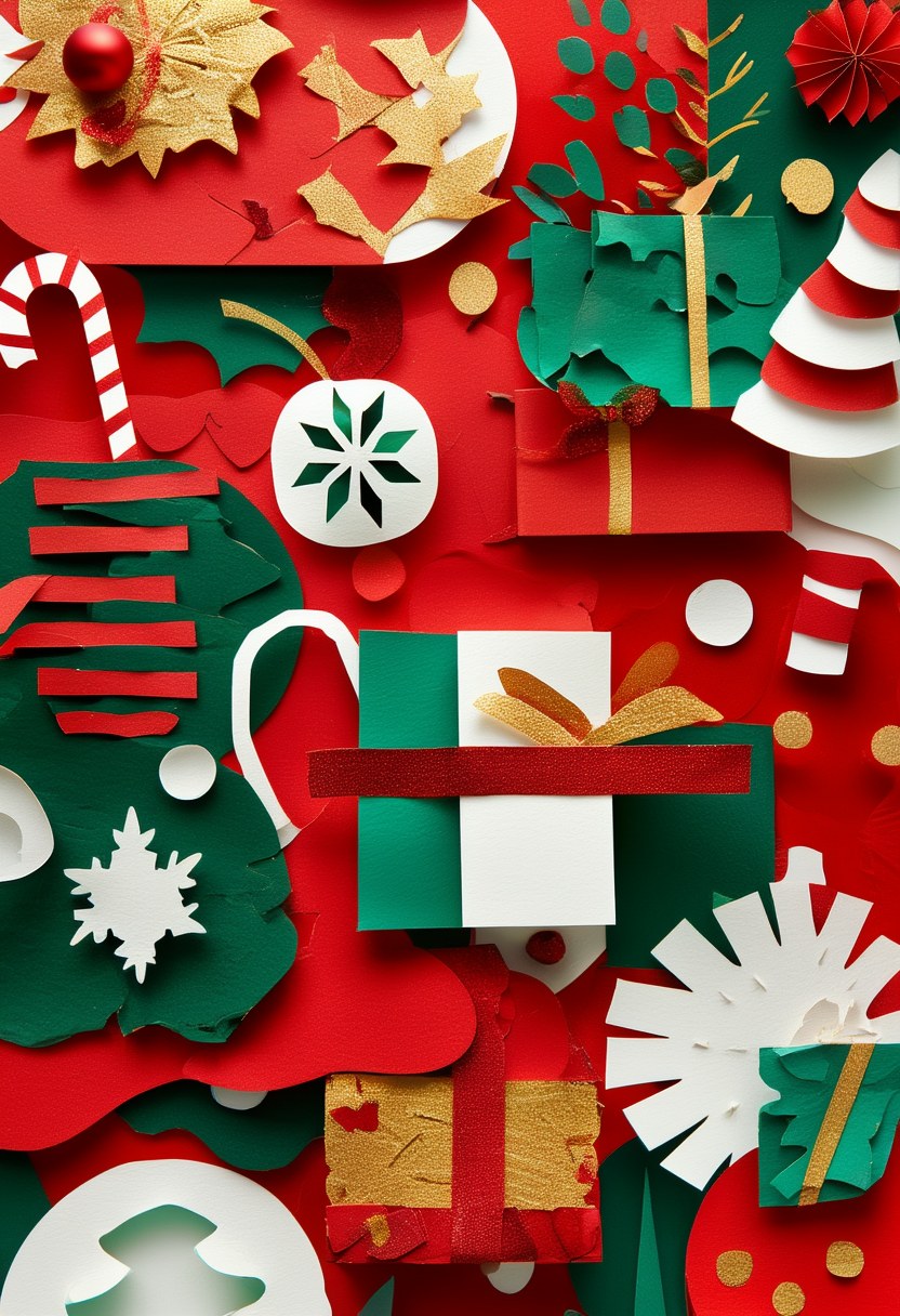 Festive Holiday Paper Collage — Christmas cut-paper-style greeting card