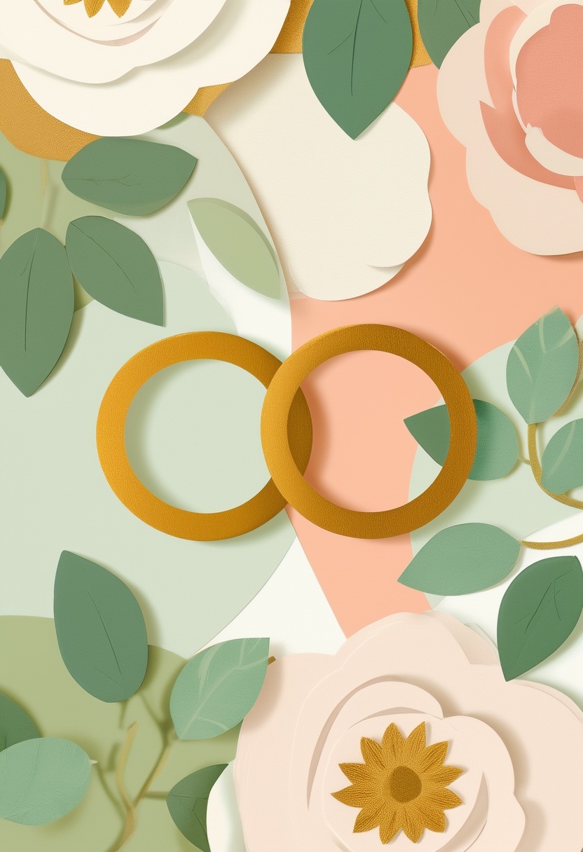 Interlocking Gold Rings Amidst Stylized Roses