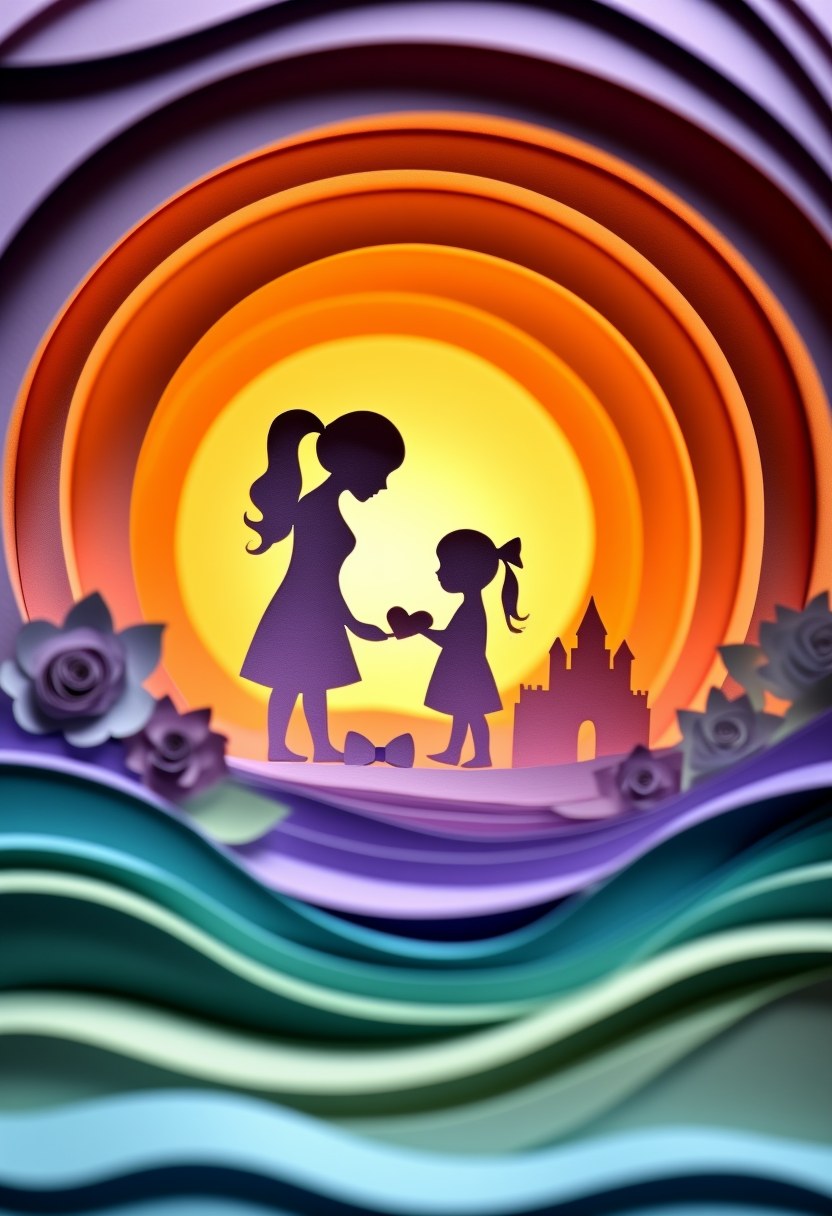 Mother Daughter Sunset — Mother's Day cut-paper-style greeting card