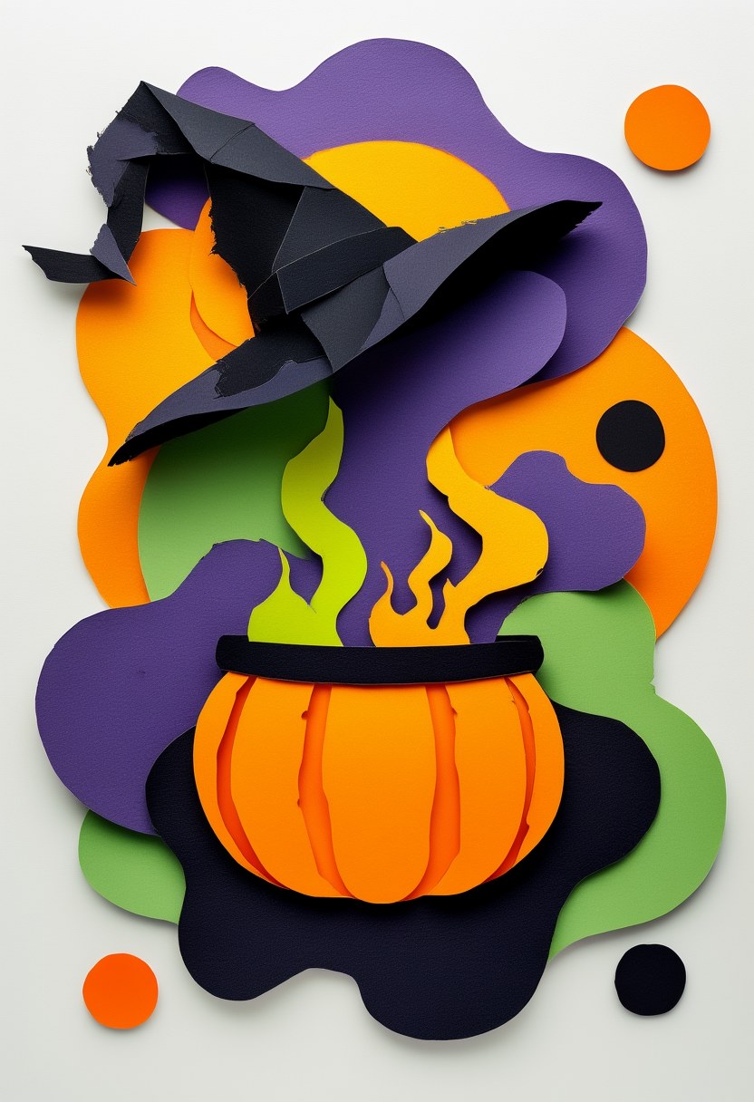 Mystical Cauldron Magic — Halloween cut-paper-style greeting card
