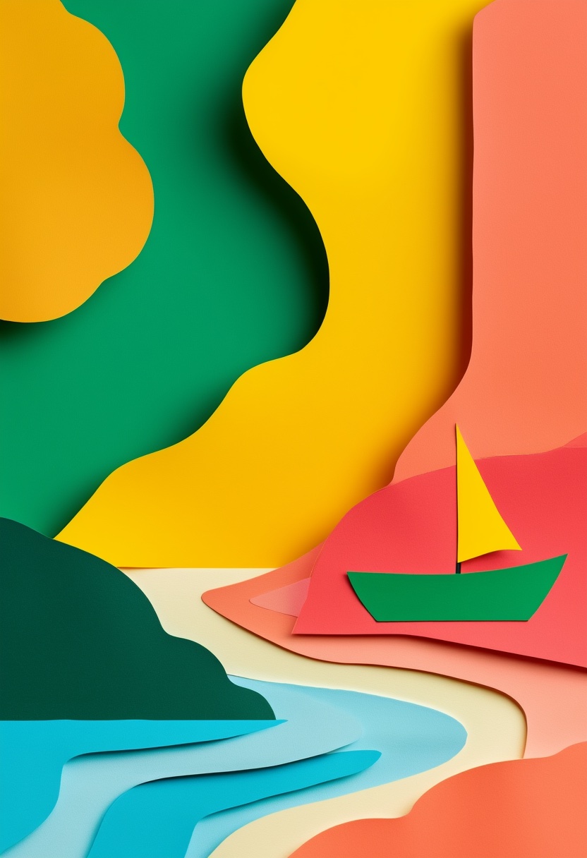 Sailboat On Vibrant Cut-Paper Seascape