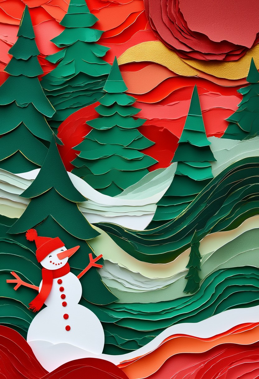 Snowman in Winter Forest — Christmas cut-paper-style greeting card