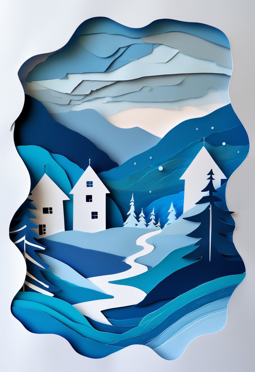 Snowy Village Dusk — Winter cut-paper-style greeting card