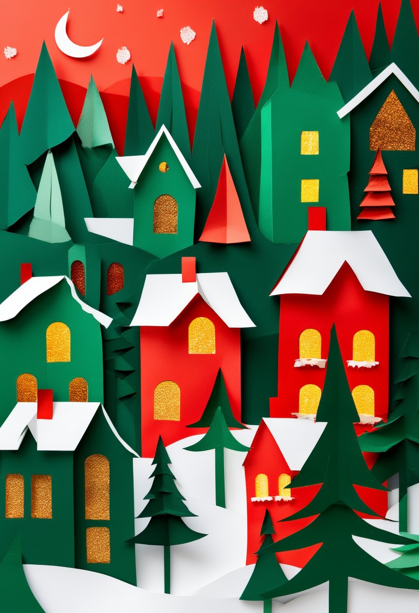 Snowy Village Winter Glow — Christmas cut-paper-style greeting card