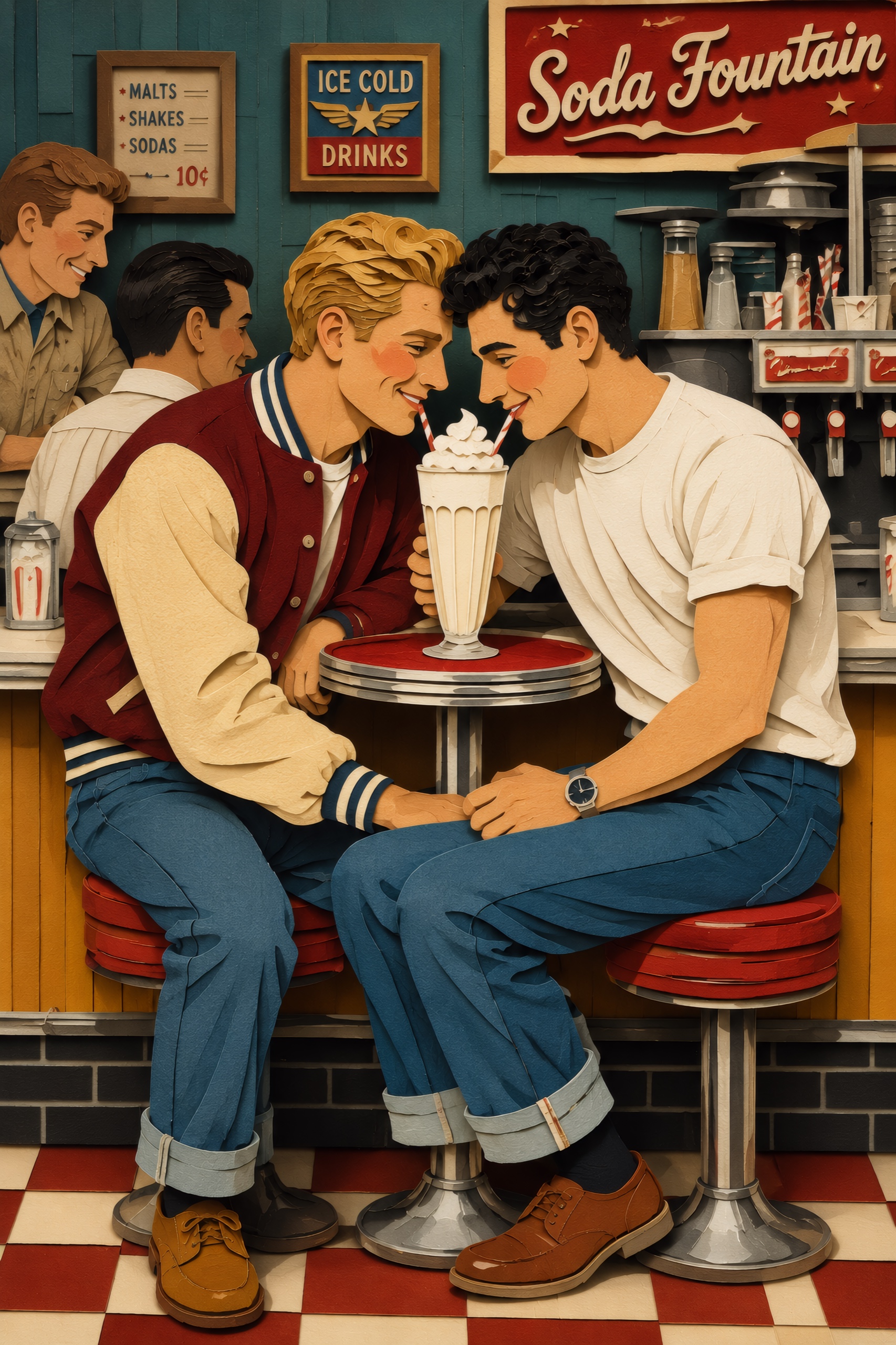 Soda Fountain Sweethearts — Pride cut-paper-style greeting card