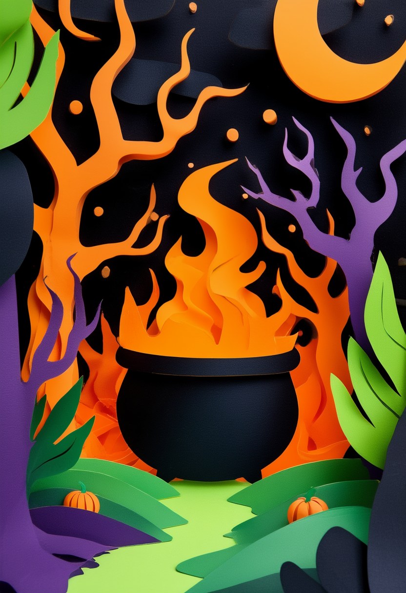Spooky Cauldron Night — Halloween cut-paper-style greeting card