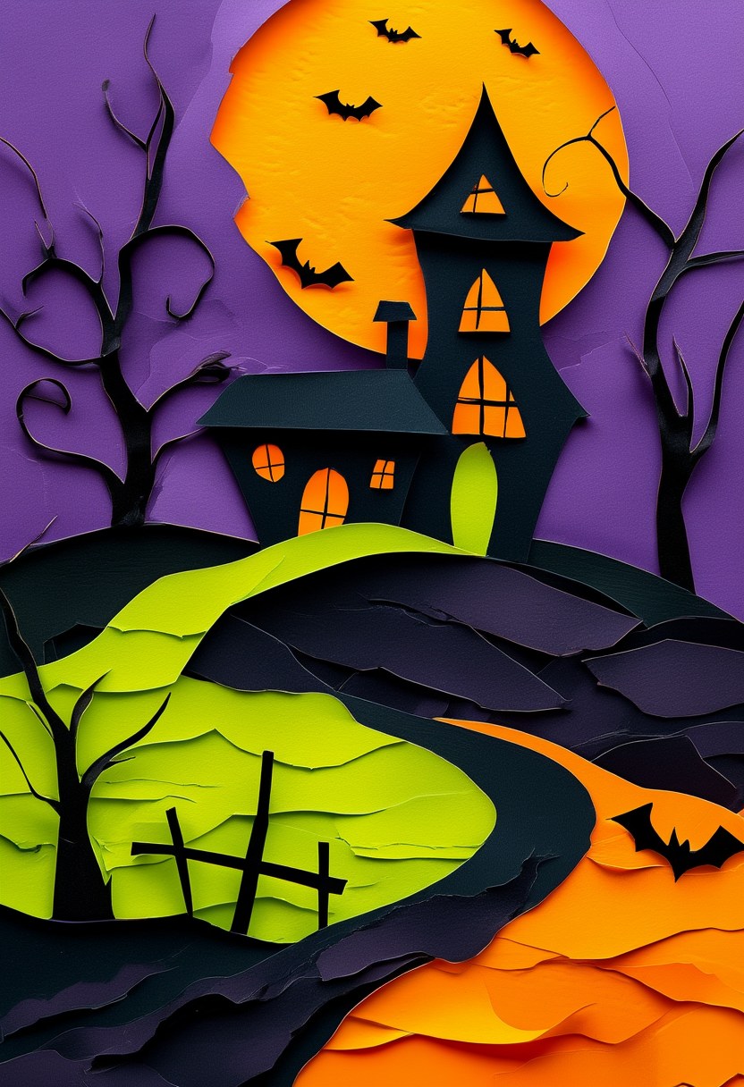 Spooky Moonlit Hillside — Halloween cut-paper-style greeting card