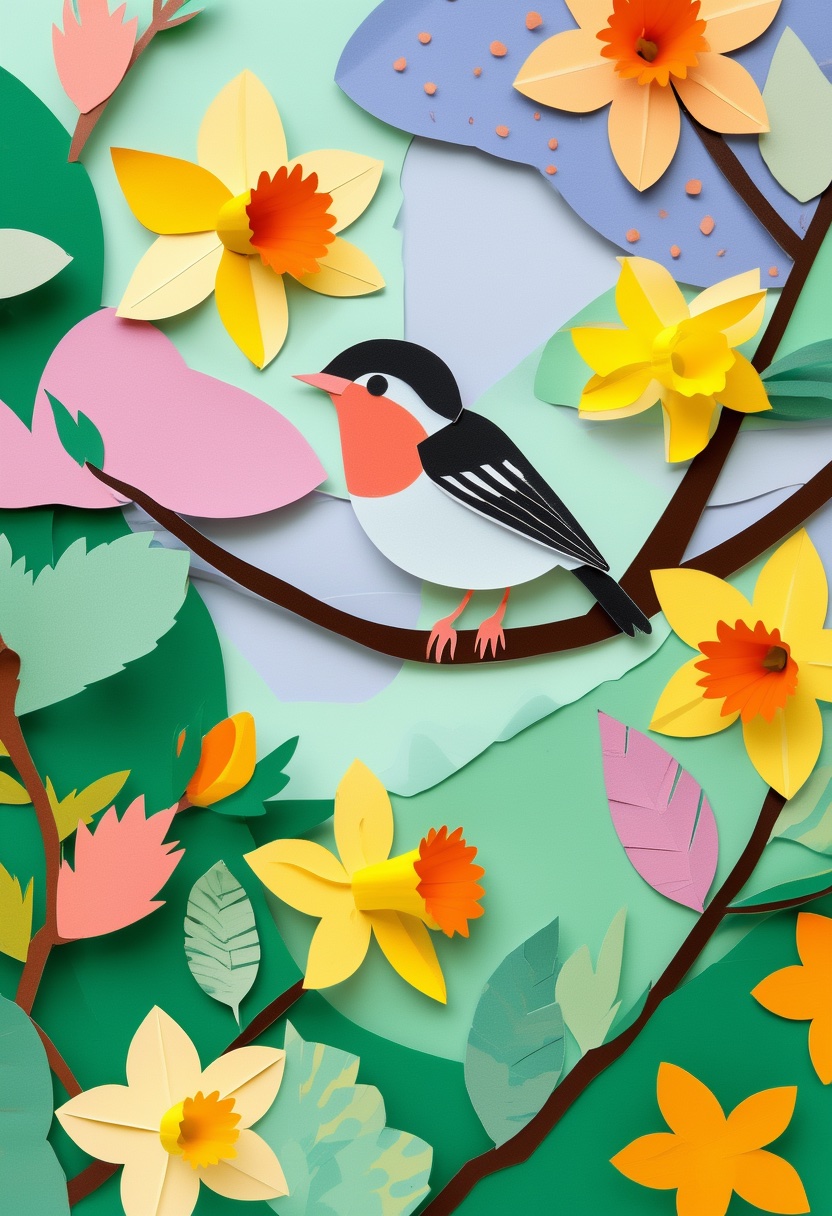Stylized Bird on Budding Branch