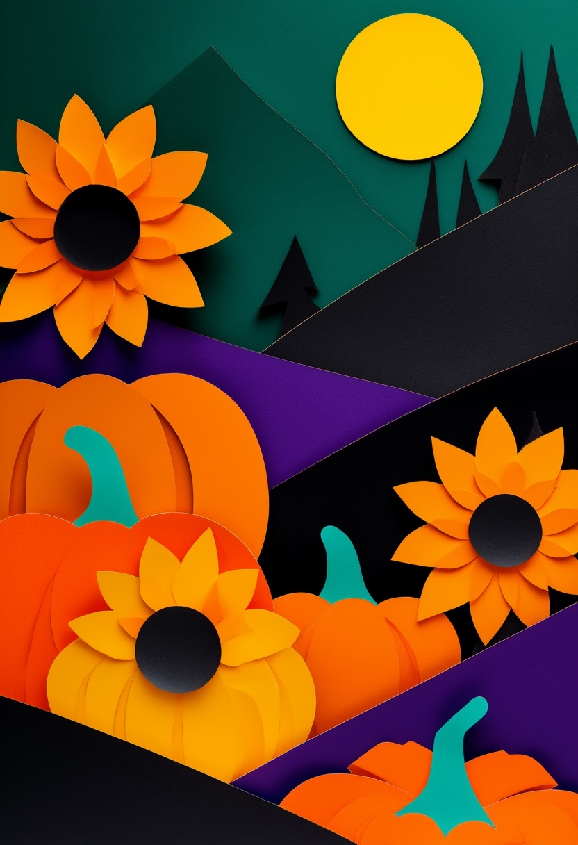 Sunlit Paper Pumpkins and Sunflowers