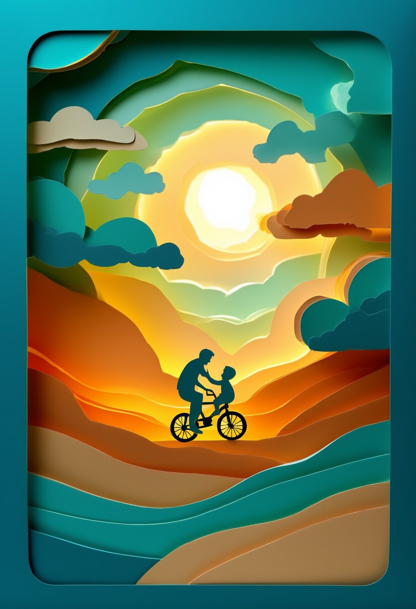Sunset Ride Together — Father's Day cut-paper-style greeting card