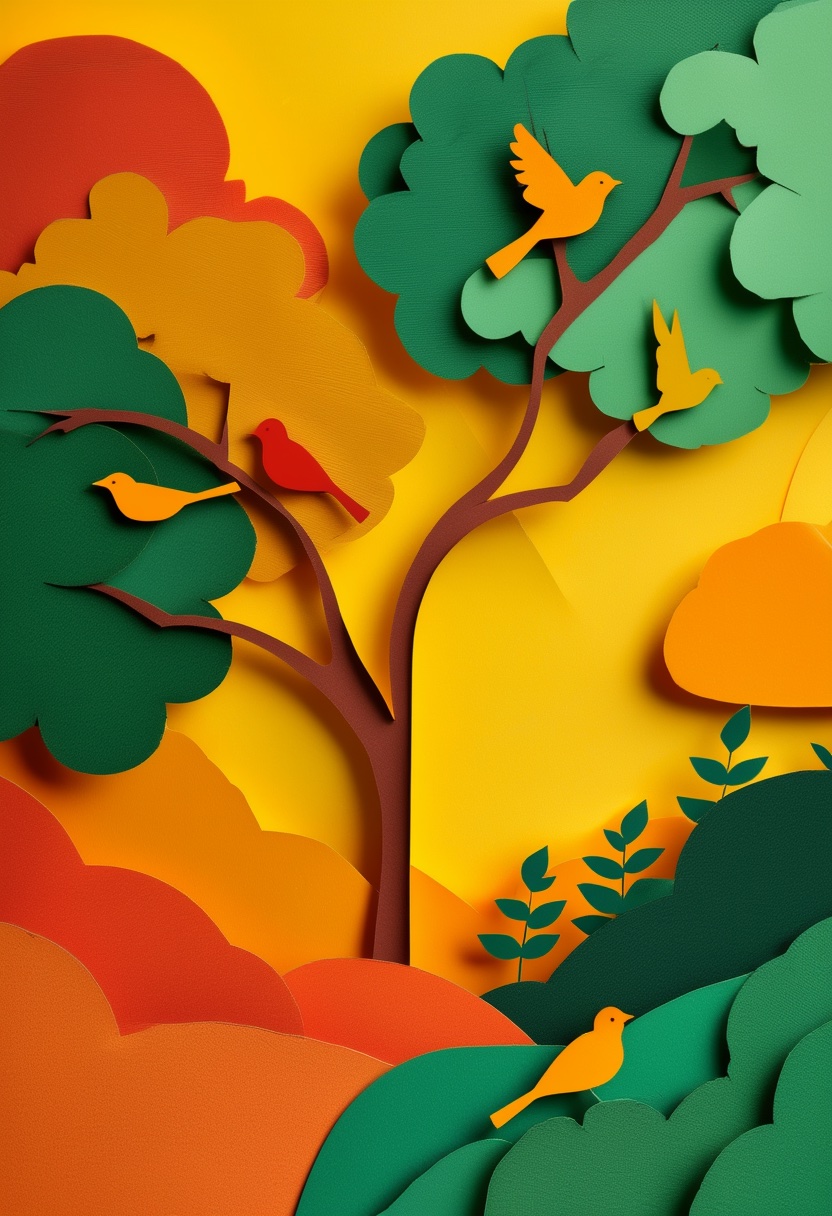 Vibrant Cut-Paper Birds in Autumn Grove