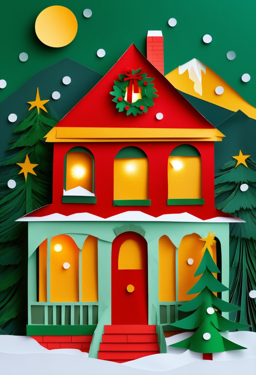 Winter Home Reflections — Christmas cut-paper-style greeting card