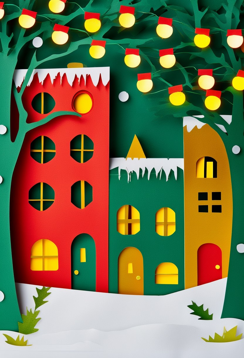 Winter Village Cheer — Christmas cut-paper-style greeting card