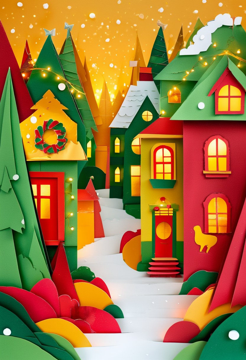 Winter Village Glow — Christmas cut-paper-style greeting card