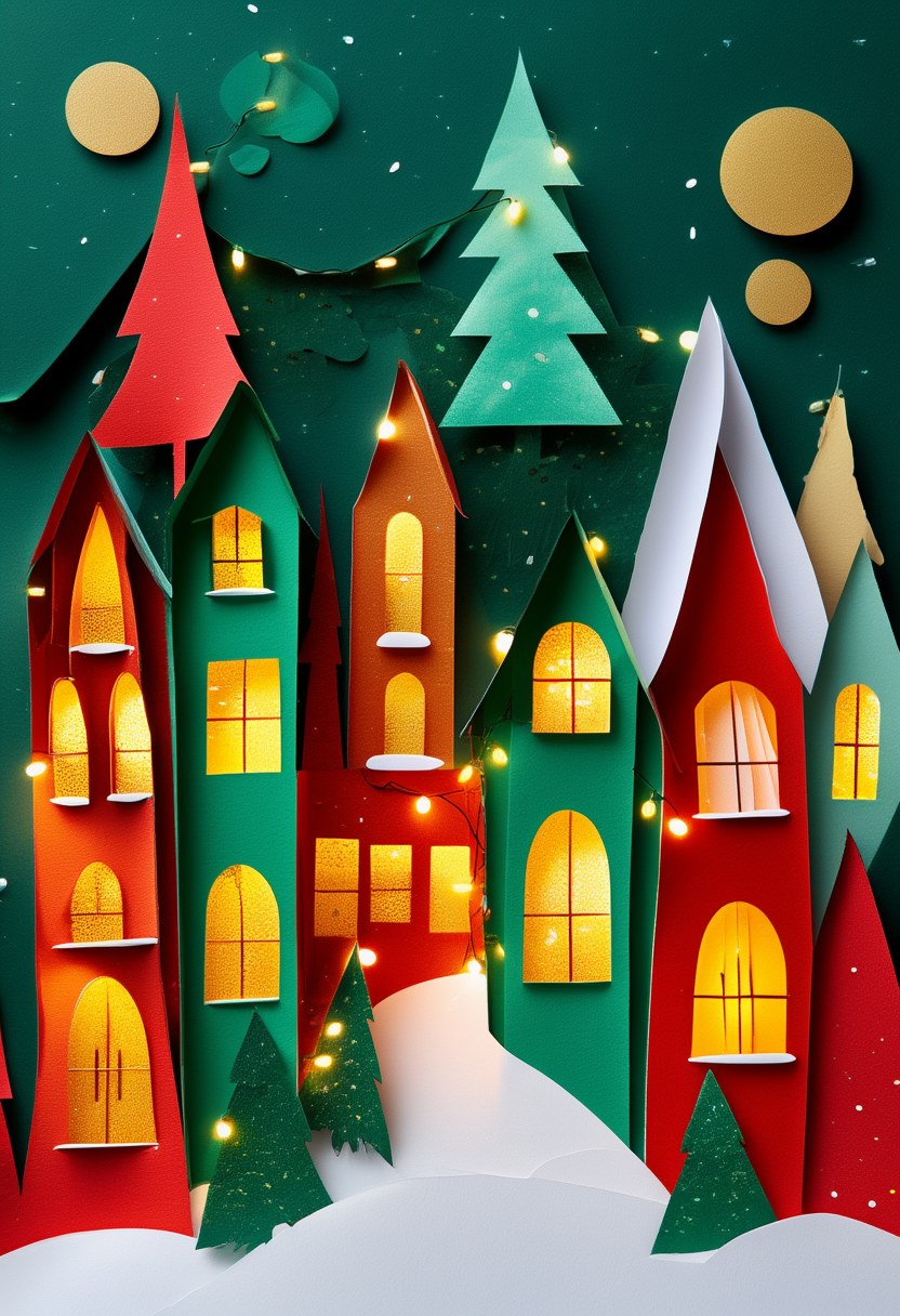 Winter Village Glow — Christmas cut-paper-style greeting card