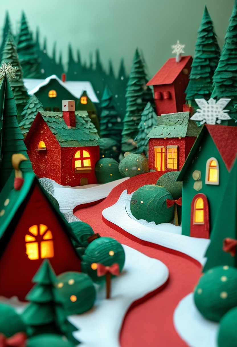 Winter Village Silhouette — Christmas cut-paper-style greeting card