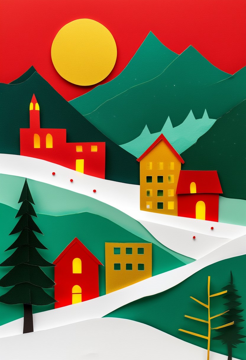Winter Village Sun — Christmas cut-paper-style greeting card